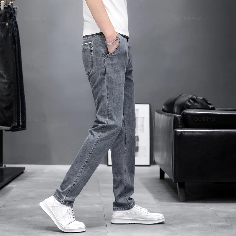 Men'S Fashion Grey Jeans - جينز رجالي ضيق مرن للخريف، تصميم