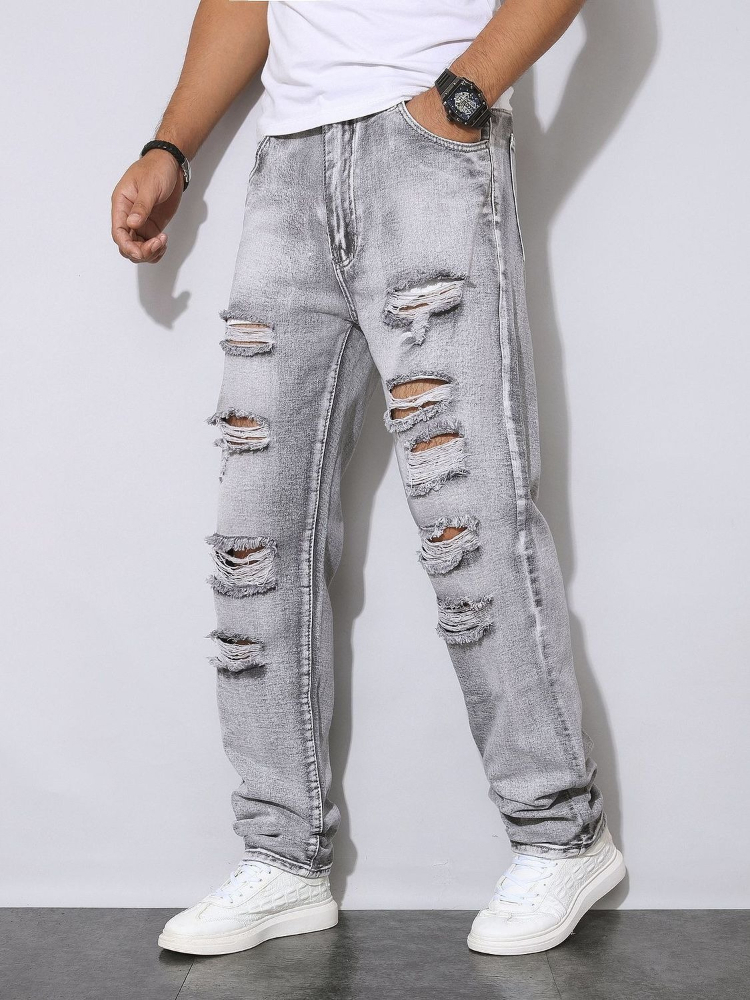 Men'S Fashion Grey Jeans - بنطلون جينز رمادي ممزق للرجال لفصلي